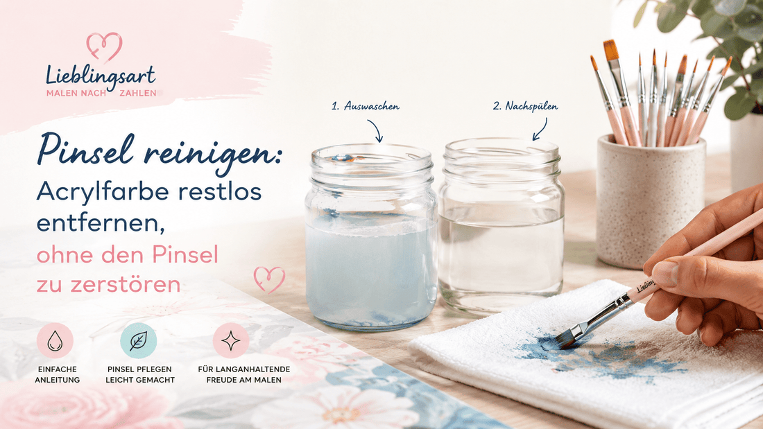 Pinsel reinigen nach dem Malen mit Acrylfarbe – Detailaufnahme eines Acrylpinsels, der auf einem Tuch gereinigt wird, daneben zwei Wassergläser nach der 2-Glas-Methode und weitere Pinsel auf einem hellen Kreativtisch.