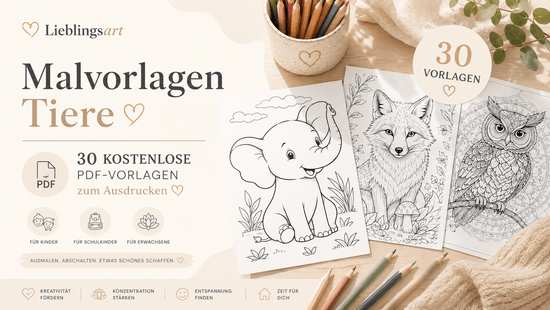„30 kostenlose Tier-Malvorlagen als PDF mit einfachen Ausmalbildern für Kinder und filigranen Tiermandalas für Erwachsene auf einem kreativen Werkstatttisch.“