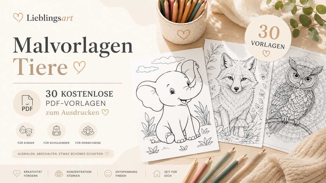 „30 kostenlose Tier-Malvorlagen als PDF mit einfachen Ausmalbildern für Kinder und filigranen Tiermandalas für Erwachsene auf einem kreativen Werkstatttisch.“
