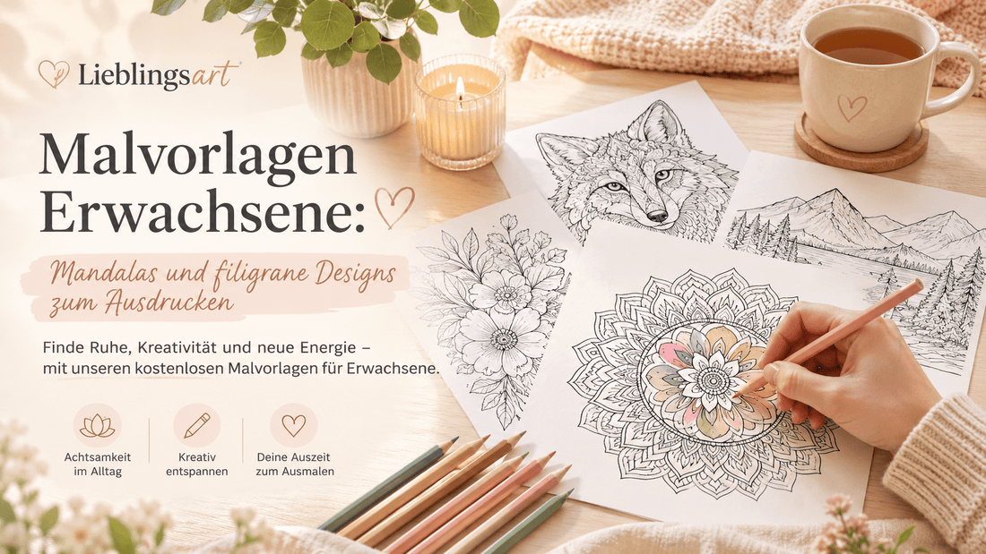 Malvorlagen für Erwachsene mit filigranen Mandalas, Tiermotiven und Buntstiften auf einem gemütlichen Schreibtisch zum Ausdrucken.