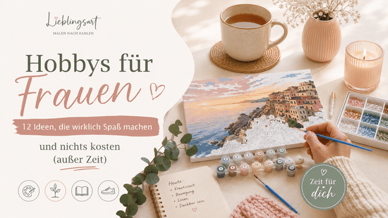 Hobbys für Frauen: Malen nach Zahlen, Diamond Painting und kreative Freizeitgestaltung in einer gemütlichen Wohnatmosphäre.