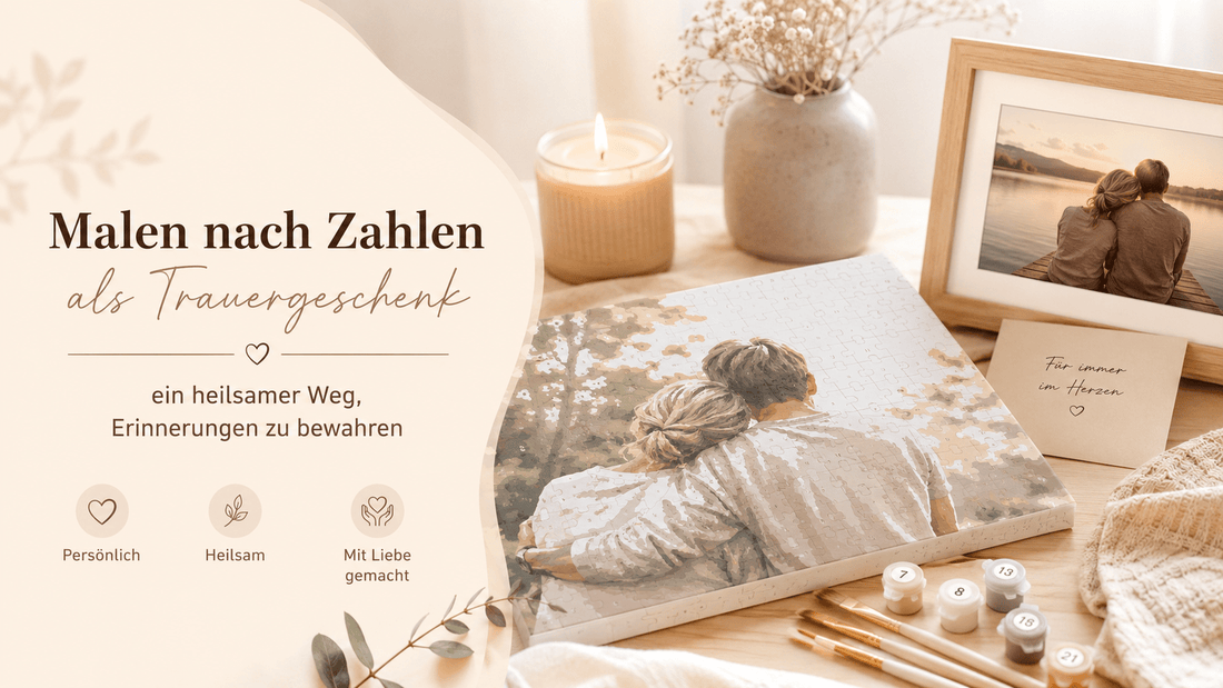 Malen nach Zahlen als Trauergeschenk: personalisiertes Erinnerungsbild mit Leinwand, Farben, Kerze und gerahmtem Lieblingsfoto in ruhiger, heller Atmosphäre.