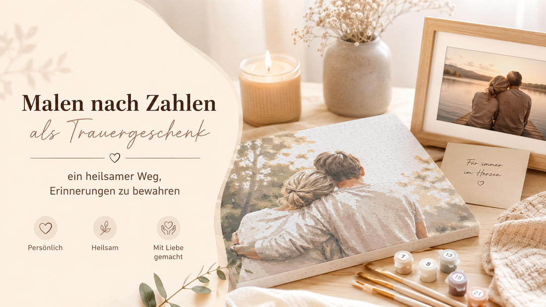 Malen nach Zahlen als Trauergeschenk: personalisiertes Erinnerungsbild mit Leinwand, Farben, Kerze und gerahmtem Lieblingsfoto in ruhiger, heller Atmosphäre.