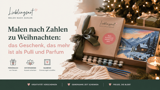 Malen nach Zahlen zu Weihnachten als kreatives Weihnachtsgeschenk für Erwachsene mit Wintermotiv, Farben und festlicher Geschenkverpackung