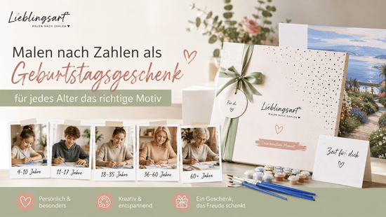 Liebevoll verpacktes Malen-nach-Zahlen-Geschenk mit Farben, Pinseln und Motiven für Kinder, Erwachsene und Senior:innen als kreatives Geburtstagsgeschenk