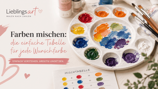 Farben mischen mit Acrylfarben auf einer Palette – Rot, Gelb, Blau, Orange, Grün und Violett