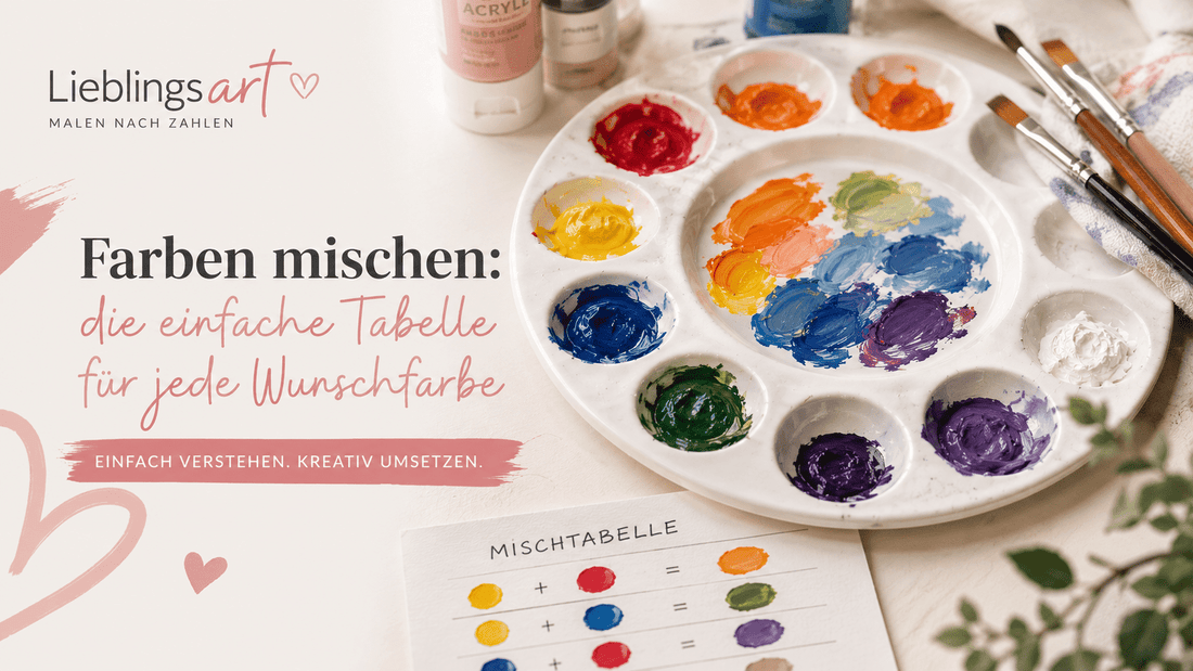 Farben mischen mit Acrylfarben auf einer Palette – Rot, Gelb, Blau, Orange, Grün und Violett