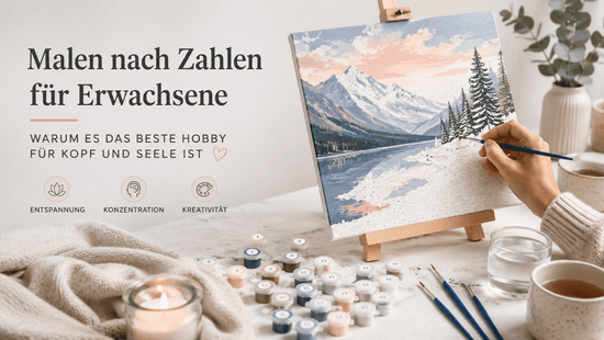 Modernes Malen nach Zahlen für Erwachsene in ruhiger Atmosphäre: Hand bemalt detailreiche Landschaft auf Leinwand, umgeben von Pinseln, Farben und gemütlichem Arbeitsplatz.