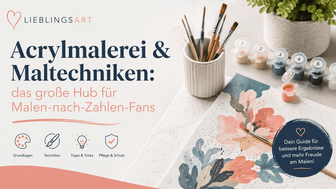 Modernes Acrylmalerei Titelbanner mit Pinseln, Acrylfarben und floralem Malen-nach-Zahlen-Motiv im Lieblingsart-Stil auf hellem kreativen Arbeitsplatz