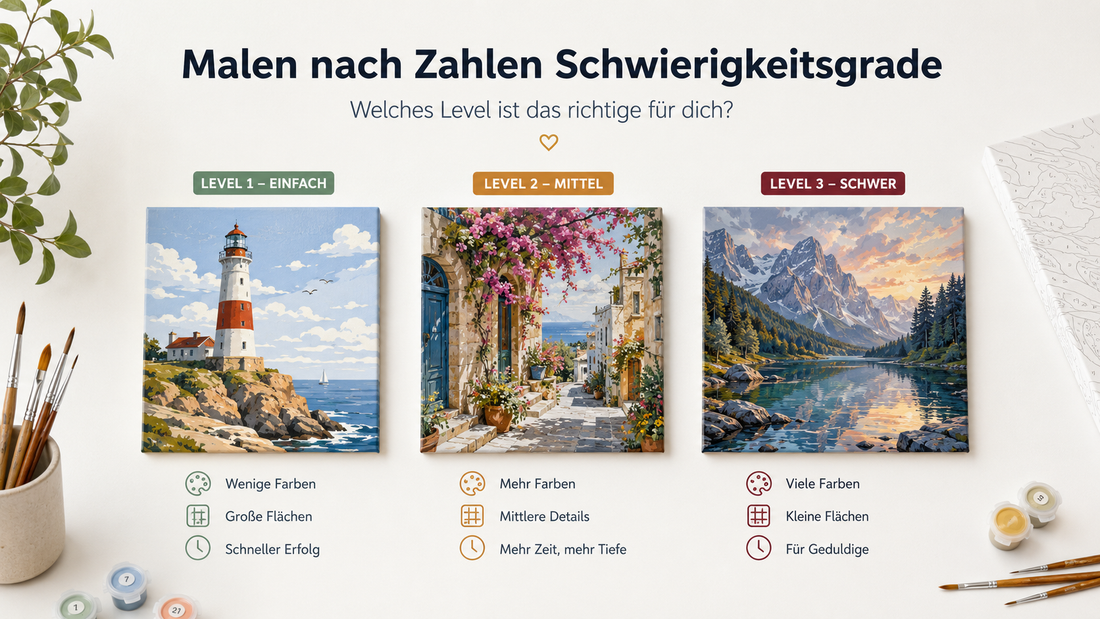 Malen nach Zahlen Schwierigkeitsgrade im Vergleich: drei Motive in einfach, mittel und schwer mit unterschiedlicher Detailtiefe, Farbenanzahl und Feldgröße in modernem Layout