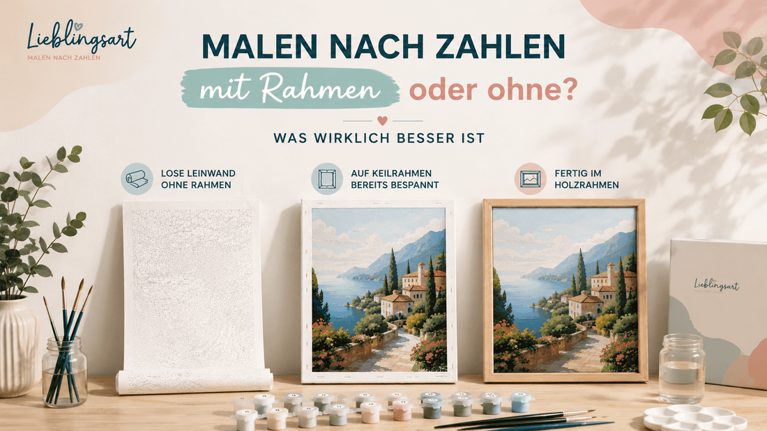 Vergleich von loser Leinwand, bespanntem Keilrahmen und fertigem Holzrahmen beim Malen nach Zahlen auf hellem Werkstatttisch