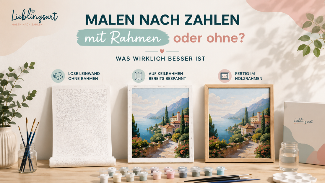 Vergleich von loser Leinwand, bespanntem Keilrahmen und fertigem Holzrahmen beim Malen nach Zahlen auf hellem Werkstatttisch