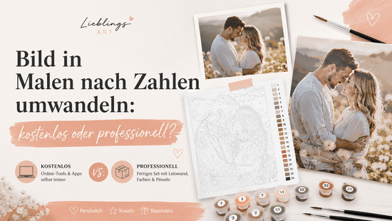 Vergleich zwischen kostenloser und professioneller Umwandlung eines Fotos in ein Malen-nach-Zahlen-Bild mit Originalfoto, nummerierter Vorlage und fertiger Leinwand
