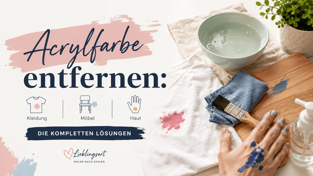 Acrylfarbe entfernen von Kleidung, Möbeln und Haut – Werkstattszene mit Farbfleck auf weißem T-Shirt, Pinsel, Reinigungstuch und Hand mit Acrylfarbe neben Wasser und Reinigungsmittel.