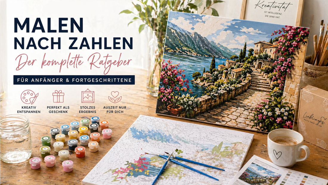 Malen nach Zahlen Set mit Leinwand, Farben und Pinseln sowie fertigem Landschaftsbild am Tisch – Ratgeber für Anfänger und Fortgeschrittene