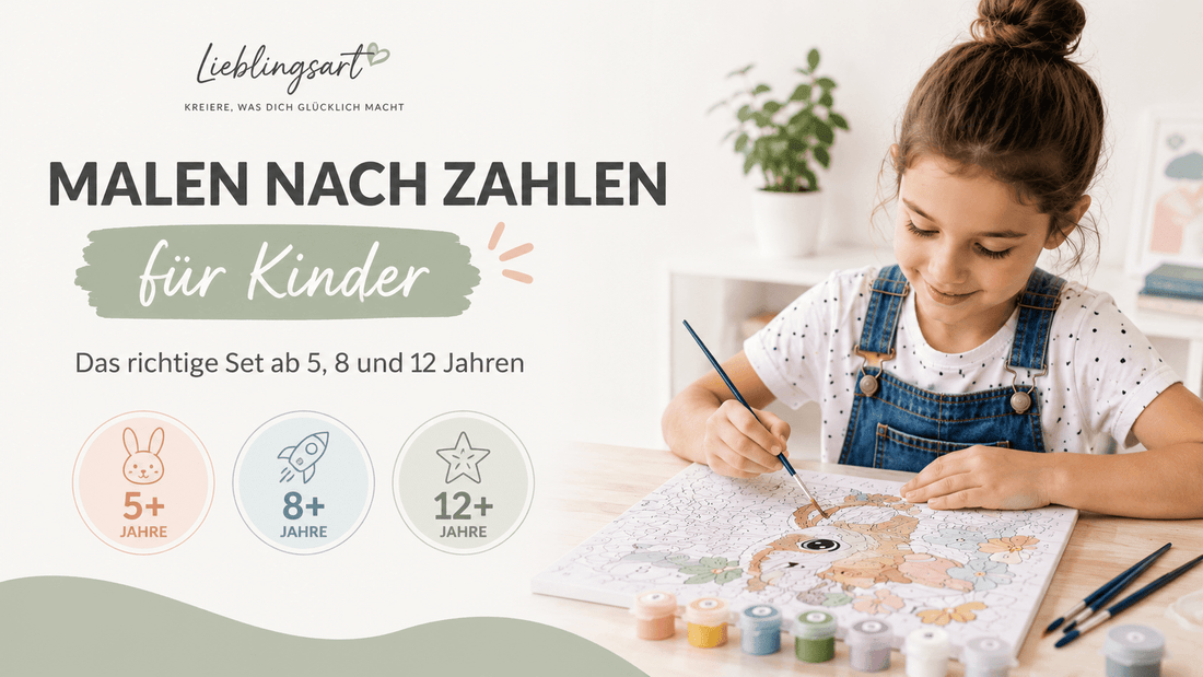 Kind malt konzentriert ein Malen-nach-Zahlen-Motiv an hellem Tisch – modernes Banner zu Malen nach Zahlen für Kinder ab 5, 8 und 12 Jahren.