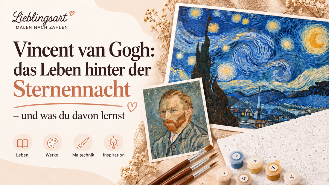 Vincent van Gogh mit Sternennacht, Selbstporträt und Malen-nach-Zahlen-Leinwand sowie Pinseln und Farben
