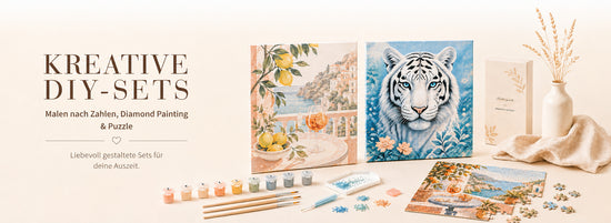 Kreative DIY-Sets für Malen nach Zahlen, Diamond Painting und Puzzle mit verschiedenen Motiven, Farben und Zubehör