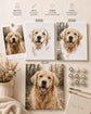 Hundefoto, nummerierte Malvorlage und fertiges Hundeporträt im Vorher-Nachher-Vergleich