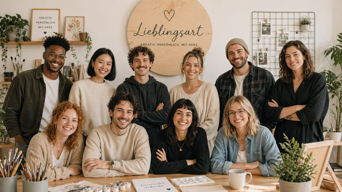 Gruppe von Menschen in einem hellen Kreativatelier mit Leinwänden und Malutensilien