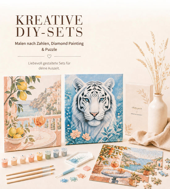 Kreative DIY-Sets für Malen nach Zahlen, Diamond Painting und Puzzle mit verschiedenen Motiven, Farben und Zubehör